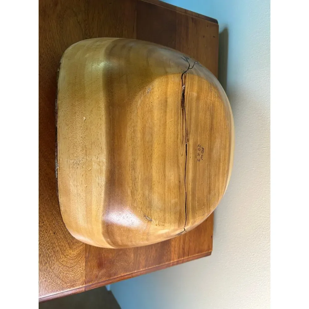 Vintage Olive Wood Look Live Edge Decorative Bowl with Burnt Floral Design